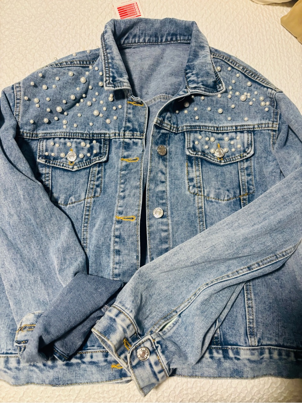 Light Wash Pearl-Embellished Denim Jacket - Women's